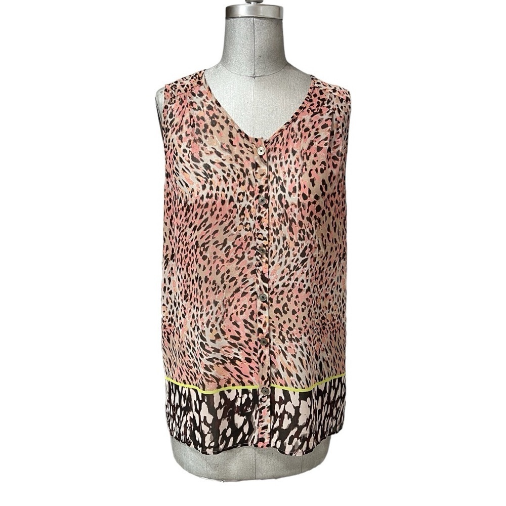 Cabi Sleeveless Leopard Print Button Down Sheer Top Size S